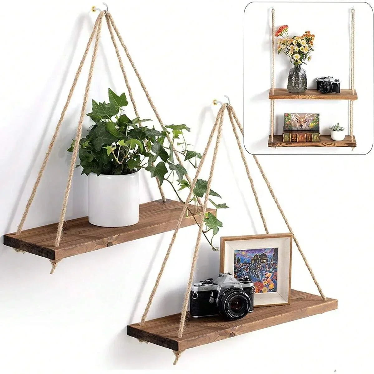 Mensola Sospesa in Legno con Corda in Juta – Decorazione Casa & Giardino