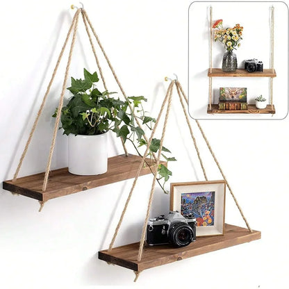 Mensola Sospesa in Legno con Corda in Juta – Decorazione Casa & Giardino