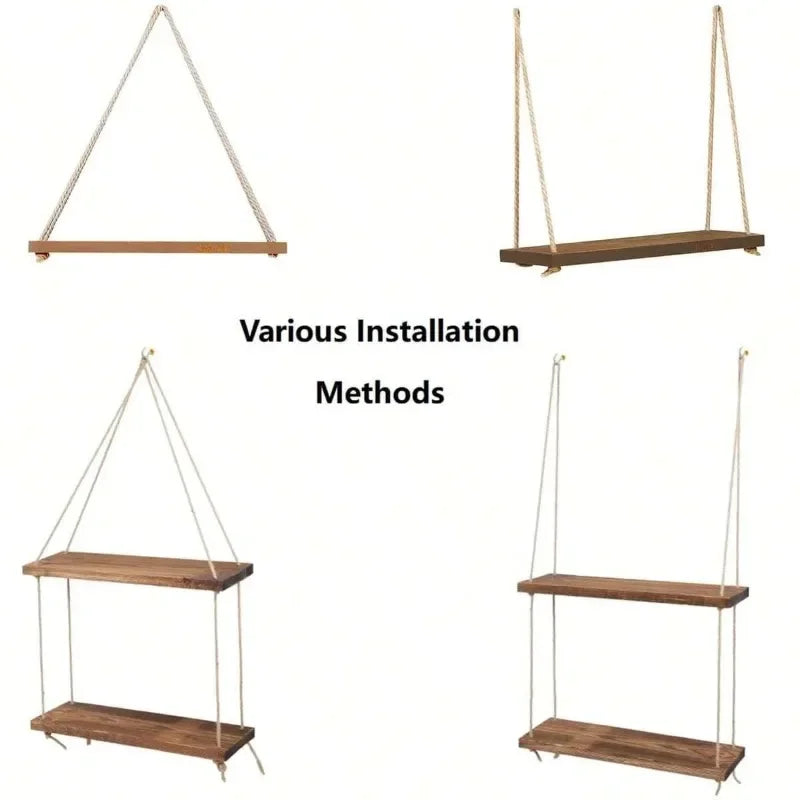 Mensola Sospesa in Legno con Corda in Juta – Decorazione Casa & Giardino