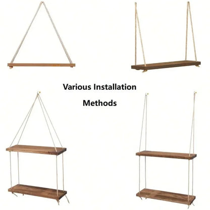 Mensola Sospesa in Legno con Corda in Juta – Decorazione Casa & Giardino
