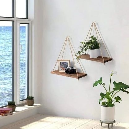 Mensola Sospesa in Legno con Corda in Juta – Decorazione Casa & Giardino