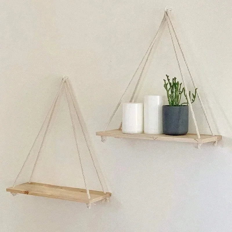 Mensola Sospesa in Legno con Corda in Juta – Decorazione Casa & Giardino