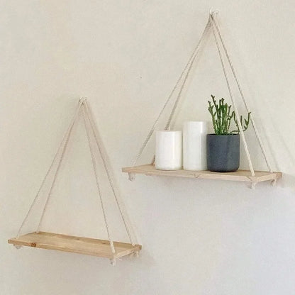 Mensola Sospesa in Legno con Corda in Juta – Decorazione Casa & Giardino